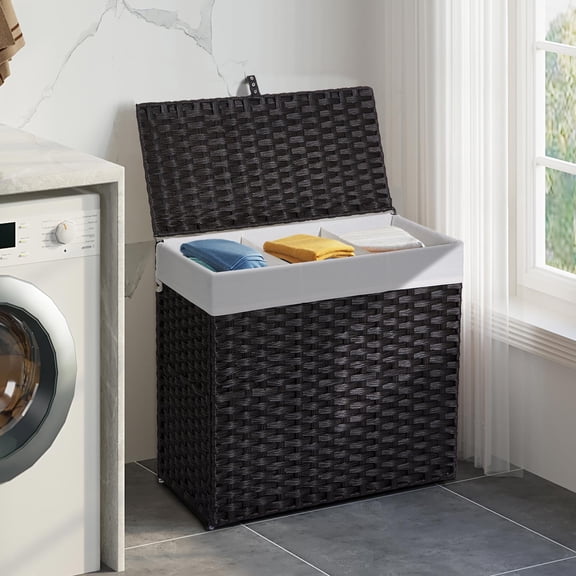 Rolanstar 125L Laundry Hamper with Lid, Clothes Hamper with 3 Section and 2 Section Removable Liner Bags & 5 Mesh Laundry Bags, Handwoven Synthetic Rattan Divided Laundry Basket, Black