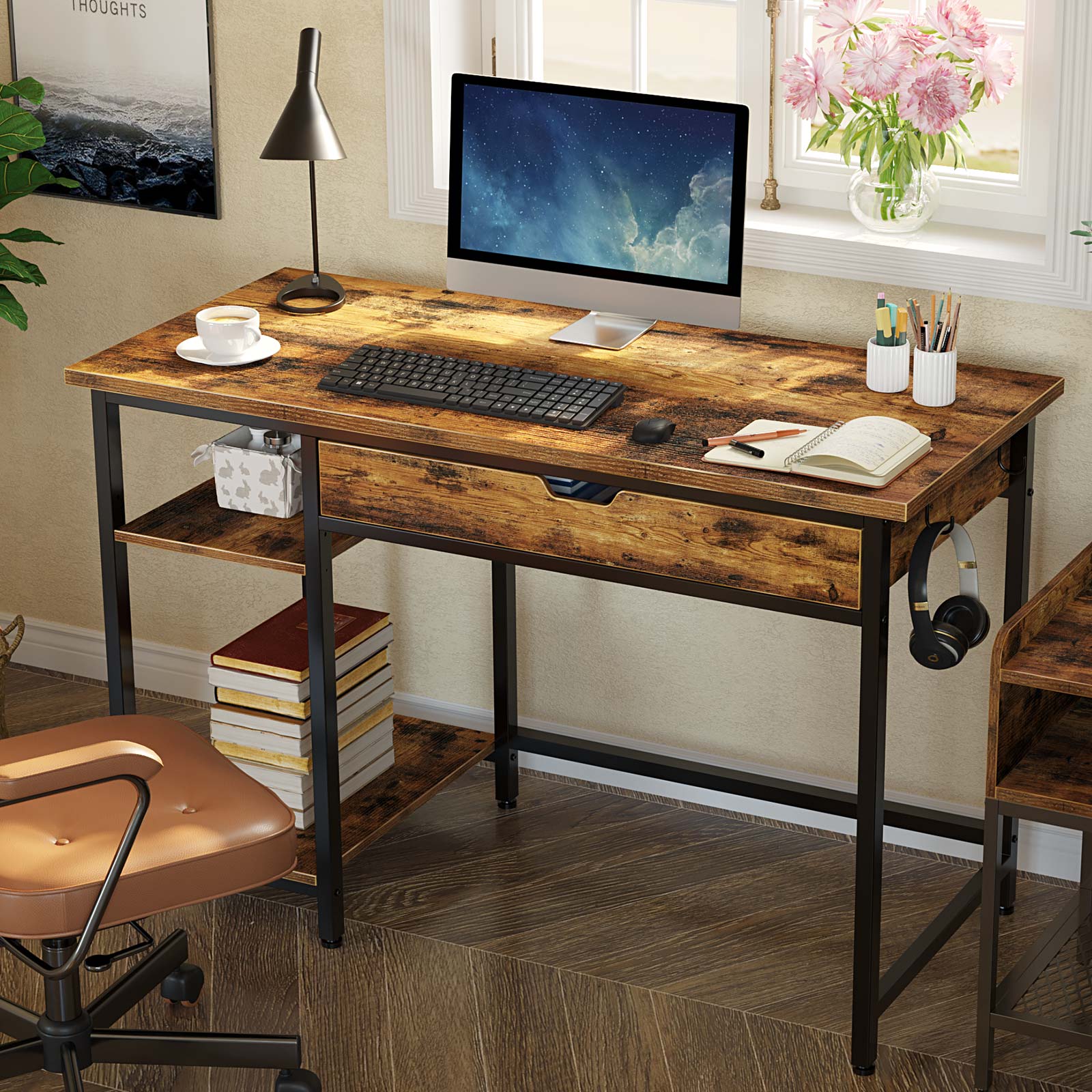 Rolanstar 47 Inch Computer Desk with Shelves and Drawer, Home Office