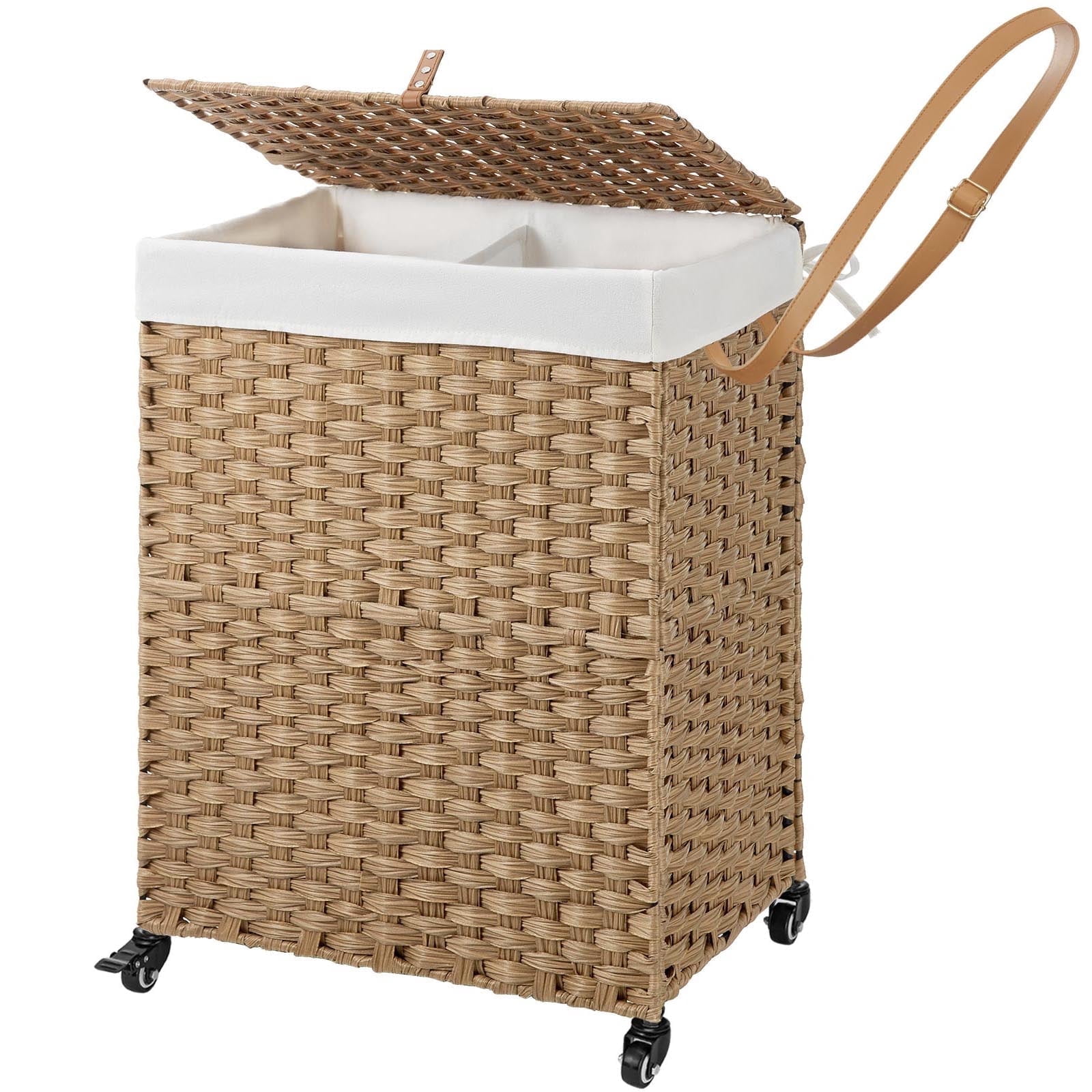 Rolanstar 90L Laundry Hamper with Wheels, No Install Needed, Divided Handwoven Hampers & 2 Removable Liner Bags, Synthetic Rattan Clothes Laundry Basket with Lid & Handles, Foldable Hampers Natrual