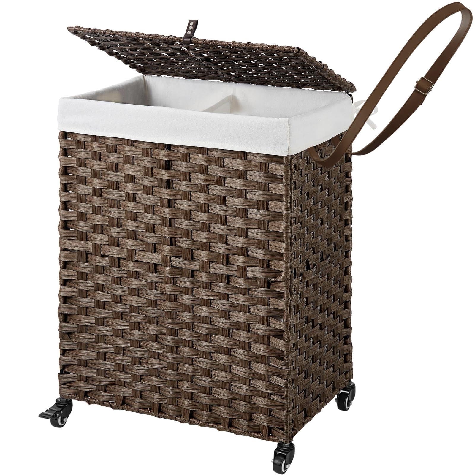 Rolanstar 90L Laundry Hamper with Wheels, No Install Needed, Divided Handwoven Hampers & 2 Removable Liner Bags, Synthetic Rattan Clothes Laundry Basket with Lid & Handles, Foldable Hampers Brown
