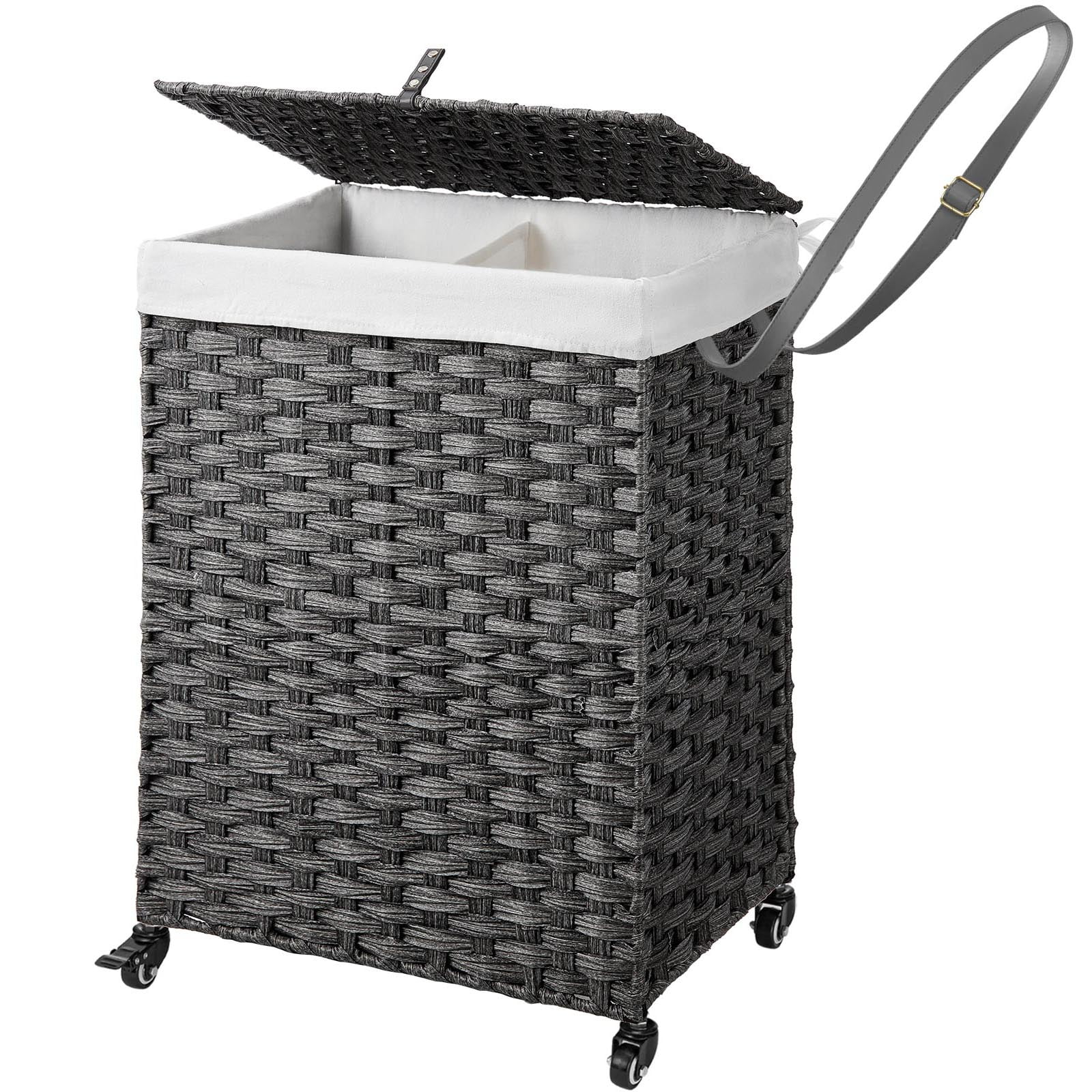 Rolanstar 90L Laundry Hamper with Wheels, No Install Needed, Divided Handwoven Hampers & 2 Removable Liner Bags, Synthetic Rattan Clothes Laundry Basket with Lid & Handles, Foldable Hampers Gray