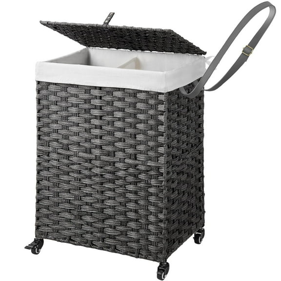 Rolanstar 90L Laundry Hamper with Wheels, No Install Needed, Divided Handwoven Hampers & 2 Removable Liner Bags, Synthetic Rattan Clothes Laundry Basket with Lid & Handles, Foldable Hampers Gray