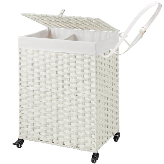 Rolanstar 90L Laundry Hamper with Wheels, No Install Needed, Divided Handwoven Hampers & 2 Removable Liner Bags, Synthetic Rattan Clothes Laundry Basket with Lid & Handles, Foldable Hampers White