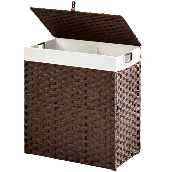 Rolanstar 90L Laundry Hamper Wicker Laundry Basket with Lid, Handles Clothes Hamper Foldable with 2 Removable Liner Bags, Brown