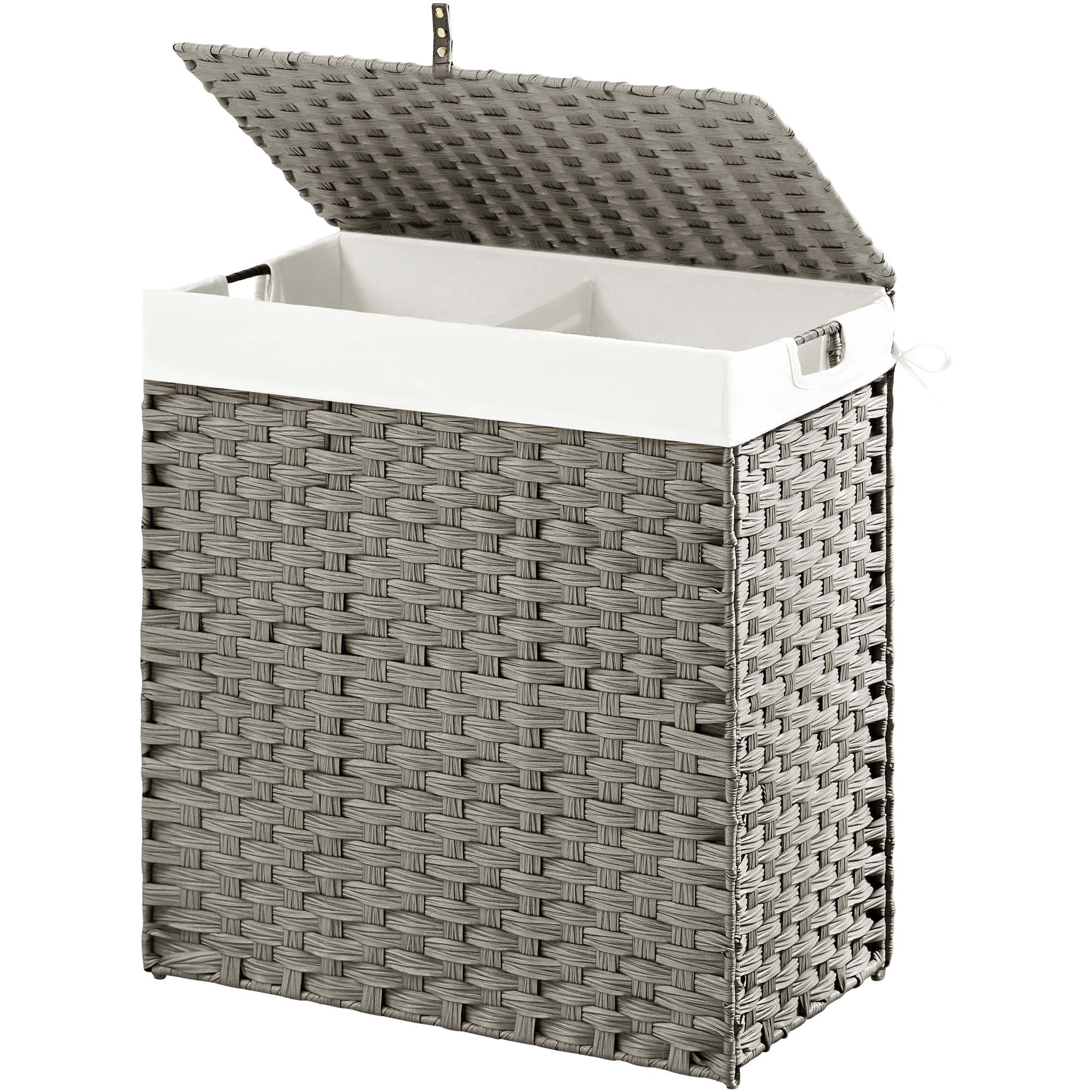 Rolanstar 90L Laundry Hamper Wicker Laundry Basket with Lid, Handles Clothes Hamper Foldable with 2 Removable Liner Bags, Gray