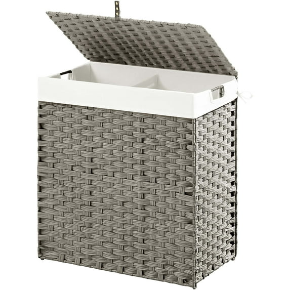 Rolanstar 90L Laundry Hamper Wicker Laundry Basket with Lid, Handles Clothes Hamper Foldable with 2 Removable Liner Bags, Gray