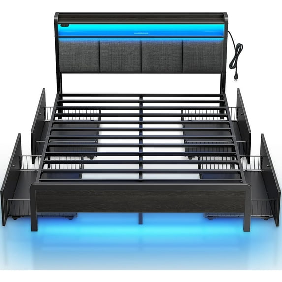 Rolanstar Bed Frame Full Size with Charging Station and LED Lights, Upholstered Storage Headboard with Drawers, Heavy Duty Metal Slats, No Box Spring Needed, Noise Free, Easy Assembly, Dark Grey