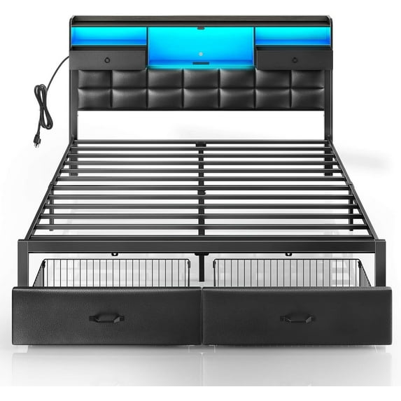 Rolanstar Bed Frame Full Size with Drawers and Charging Station, Upholstered Platform Bed with Storage Headboard and LED Light, Heavy Duty Metal Frame Support, No Box Spring Needed, Noise Free, Grey