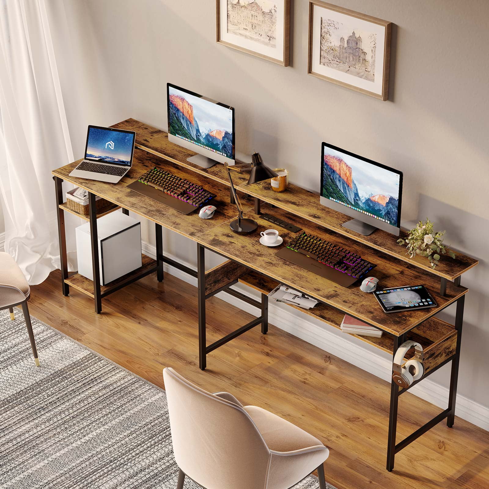 Rolanstar LShaped Desk with LED, Power Outlets, Screen Ports, Monitor