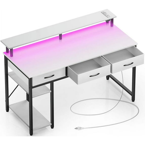 HXULER Computer Desk with Power Outlets & LED Light, 47 inch Home Office Desk with 3 Drawers and Storage Shelves, Writing Desk with Monitor Stand, Work Desk for Home Office,White