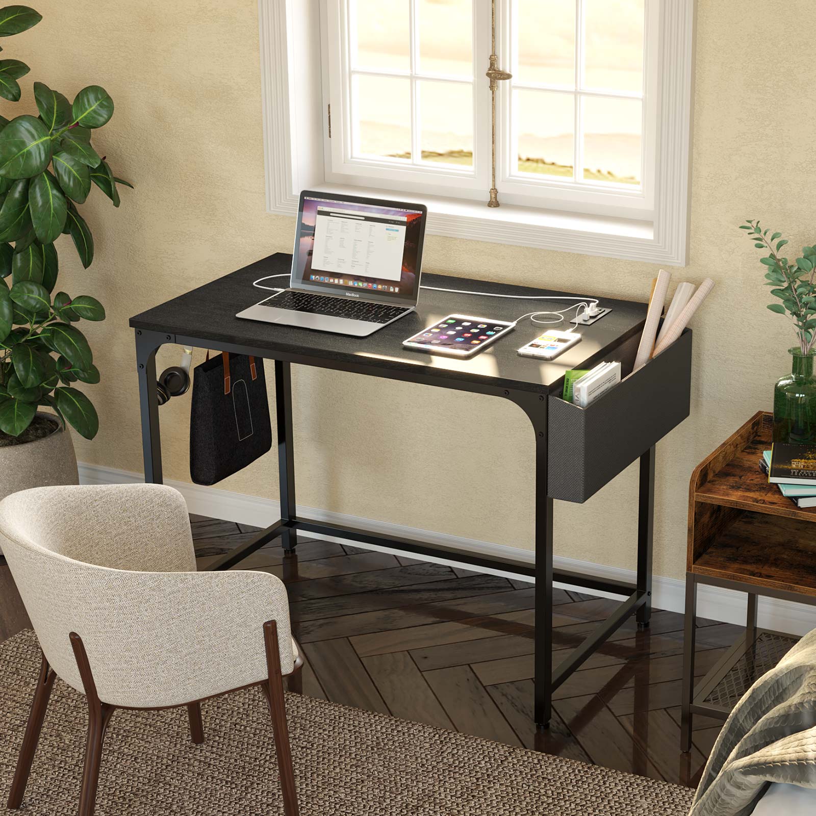 Rolanstar Computer Desk with USB Ports 39" for Home Office, Black