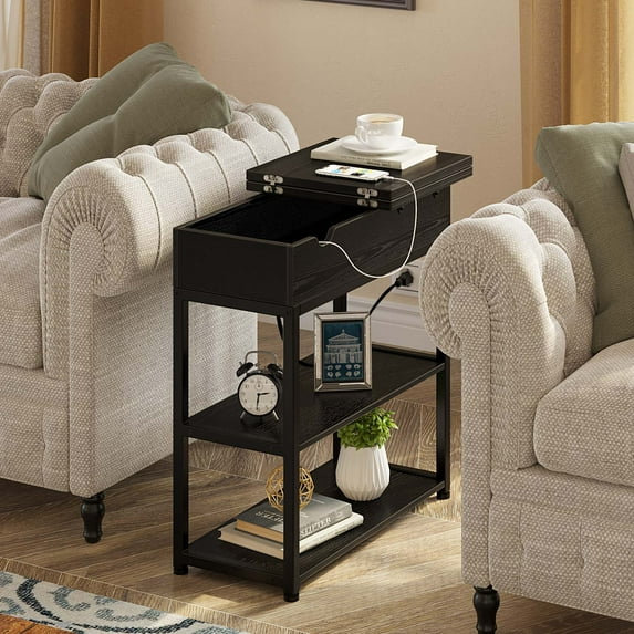 Greenstell End Table with Charging Station,Nightstand Sofa Table for Living Room Bedroom, Black