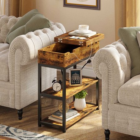 Greenstell End Table with Charging Station,Nightstand Sofa Table for Living Room Bedroom Rustic Brown