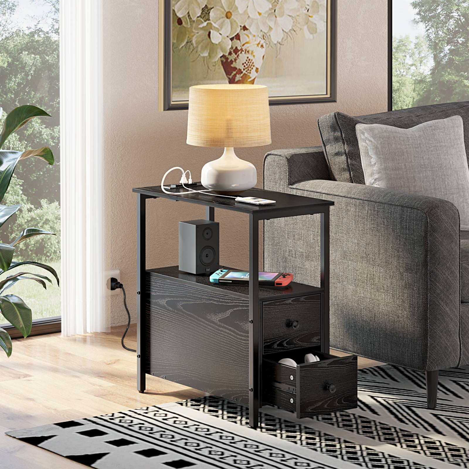 Rolanstar End Table with Charging Station and 2 Drawers,Black