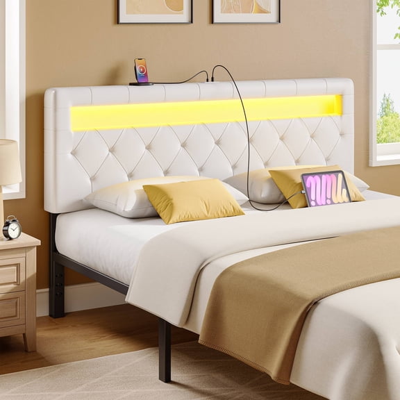 Rolanstar Full Size Headboard Only - Wall Mount Upholstered Head Board with LED Lights, Charging Station & Soft Padding,White