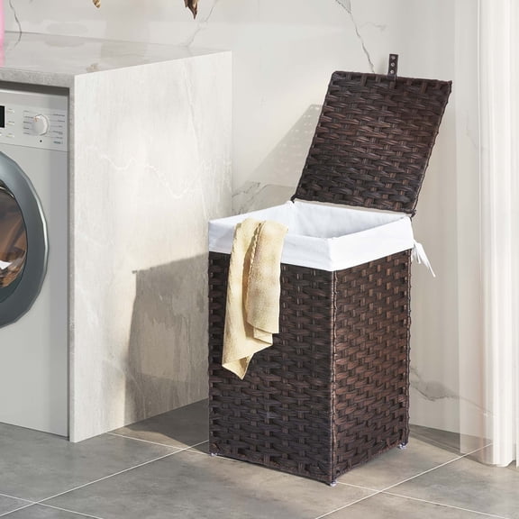 Rolanstar Laundry Hamper with Lid, 60L Clothes Hamper with 2 Removable Liner Bags & 2 Mesh Laundry Bags, Handwoven Synthetic Rattan Laundry Basket for Clothes, Toys in Bathroom, Bedroom, Brown