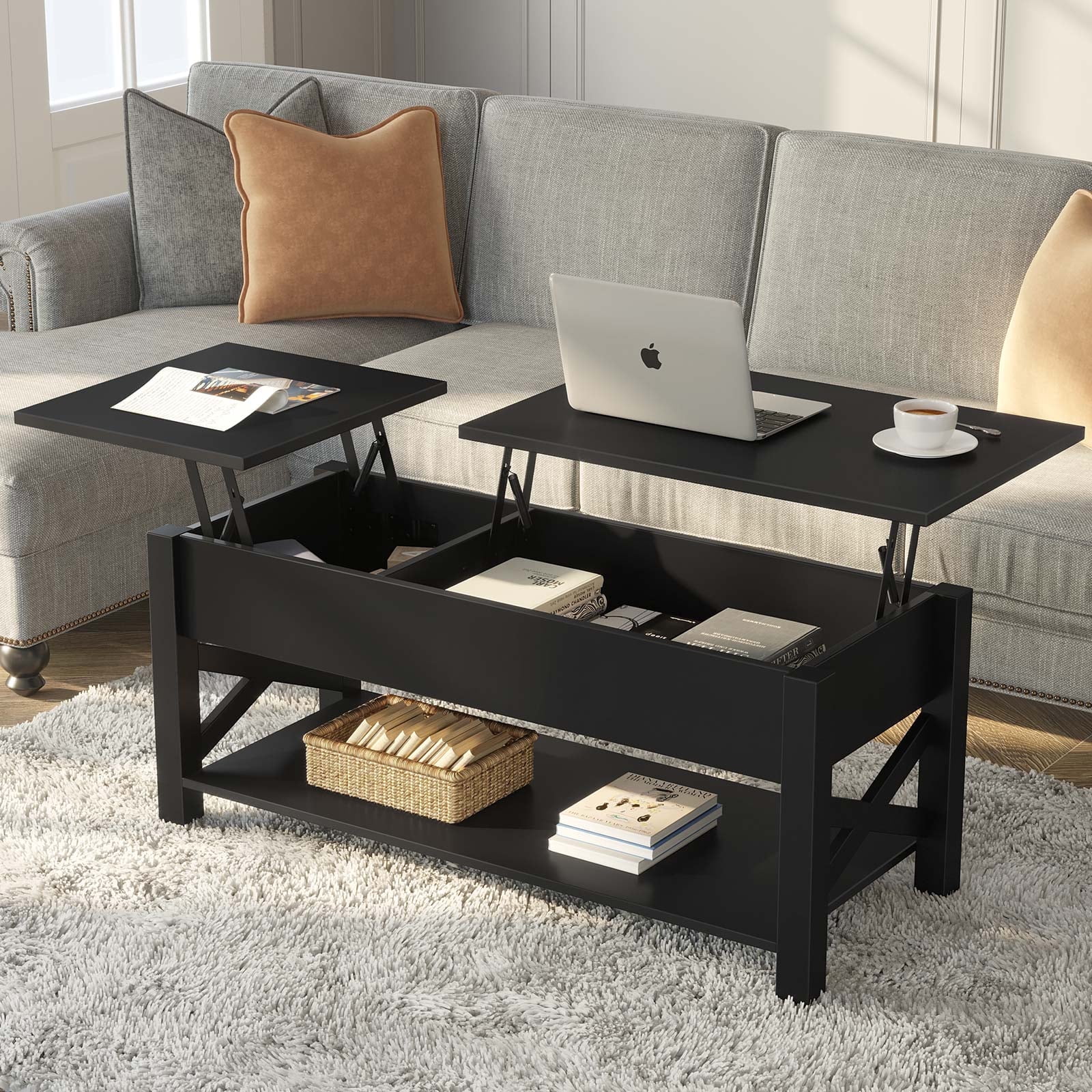Greenstell  Lift Top Coffee Table with Drawer and Hidden Compartment, 43.8 Inch, Black
