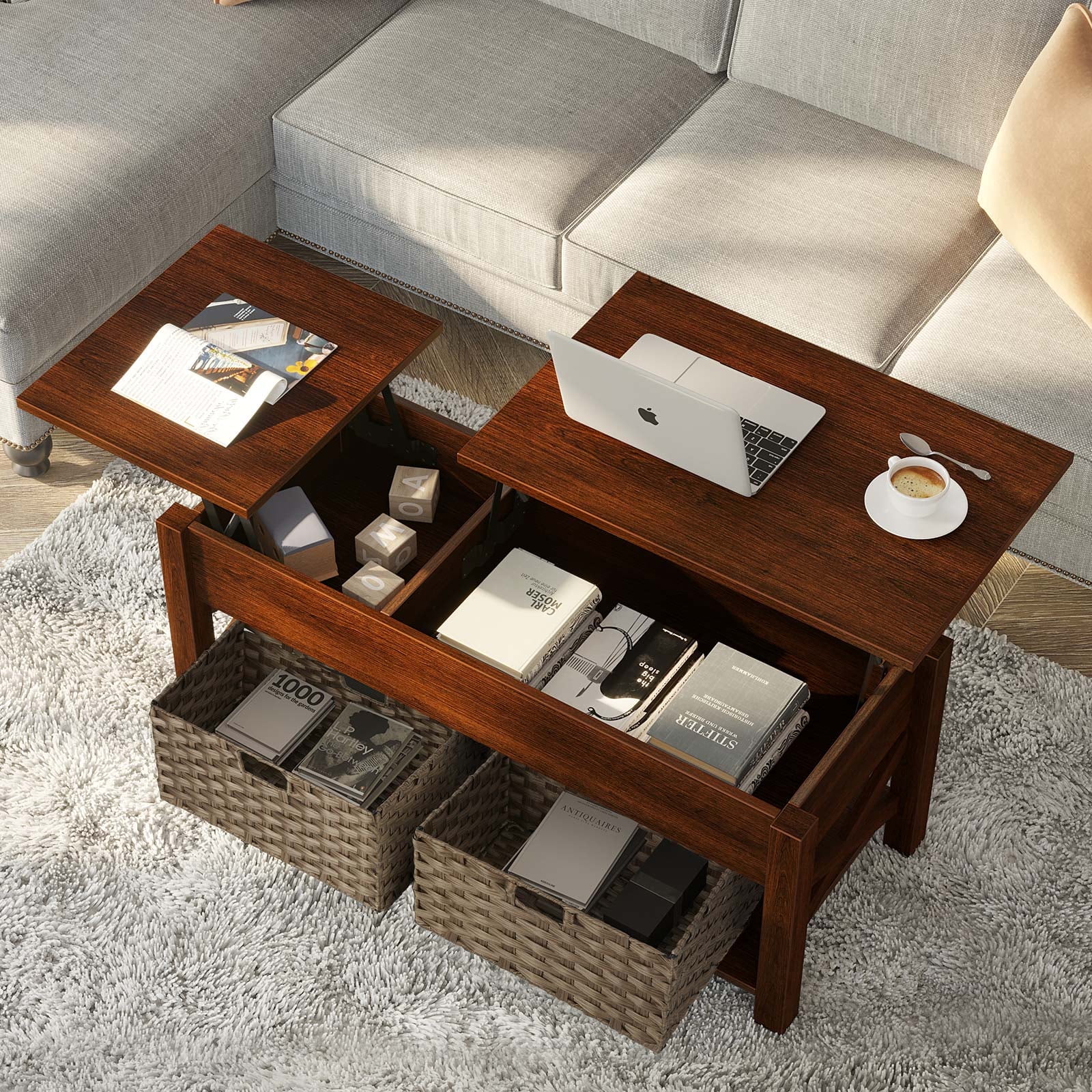 Greenstell Lift Top Coffee Table with Drawer and Hidden Compartment, 43.8 Inch, Espresso