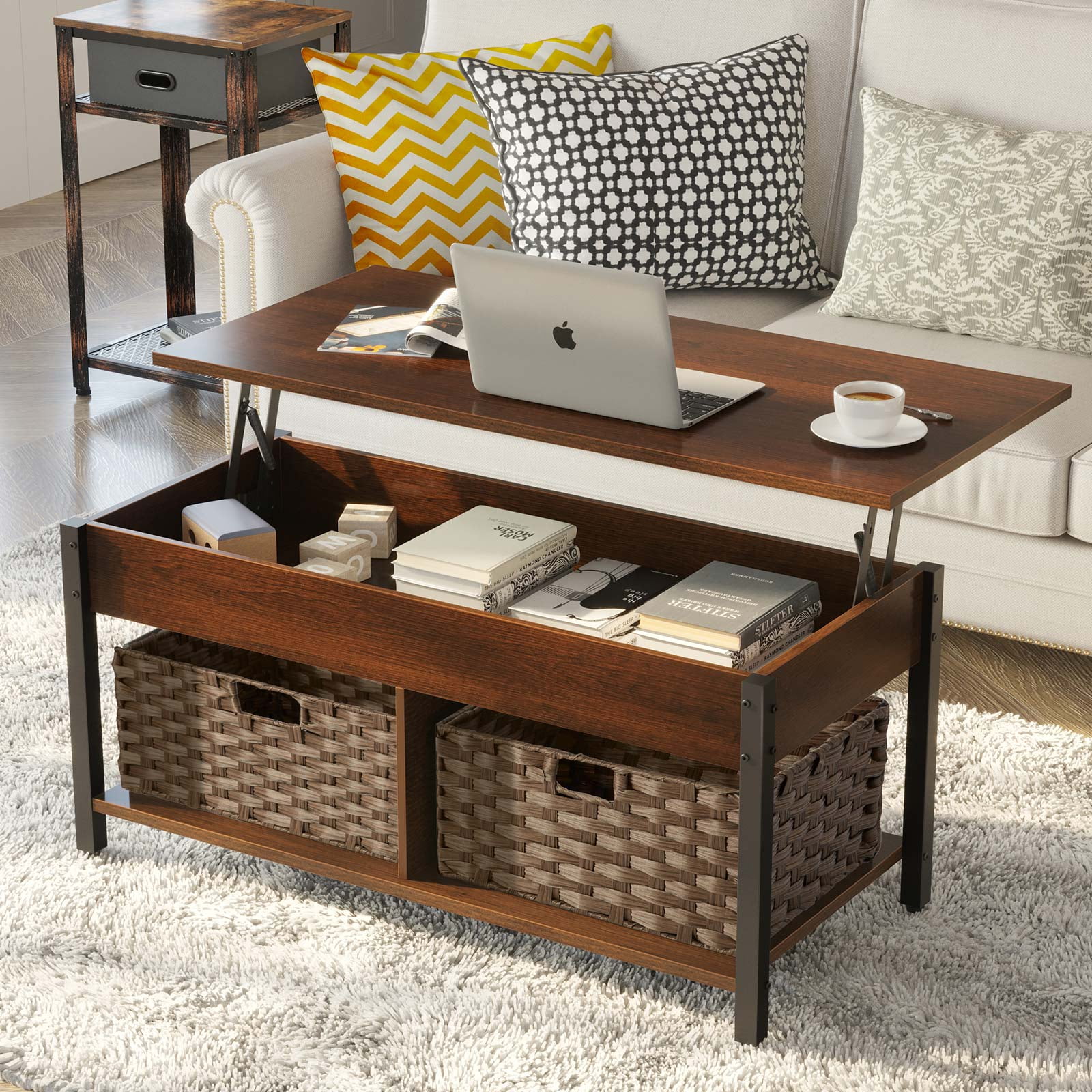Rolanstar Lift Top Coffee Table with Storage and Rattan Baskets,Espresso
