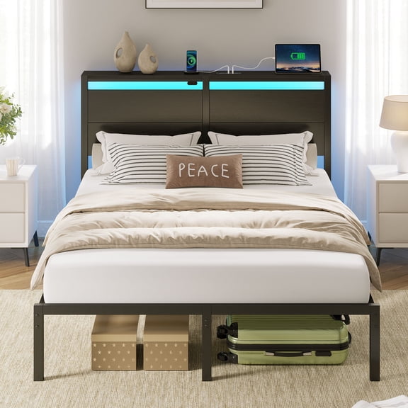 Greenstell Full Size Bed Frame with LED Lights, USB Outlets & Under-Bed Storage, Modern Headboard for Bedroom，Black