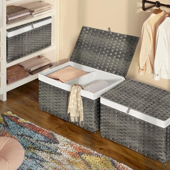 Rolanstar Storage Basket with Lid, 65L Small Wicker Blanket Storage Basket with Handles, Foldable, 2 Removable Liner Bags, Metal Frame, for Bedroom, Laundry Room, Natural