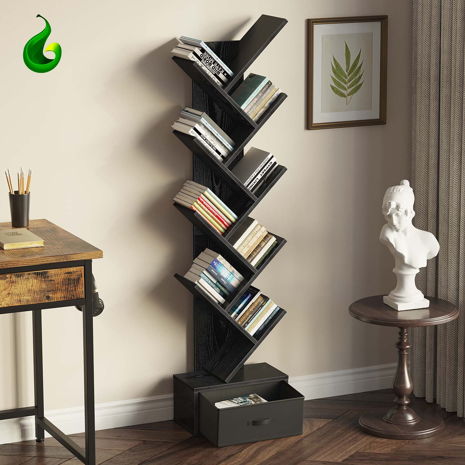 Greenstell 9-Tier Storage Bookshelf with Drawer Shelves for Home Office, Black