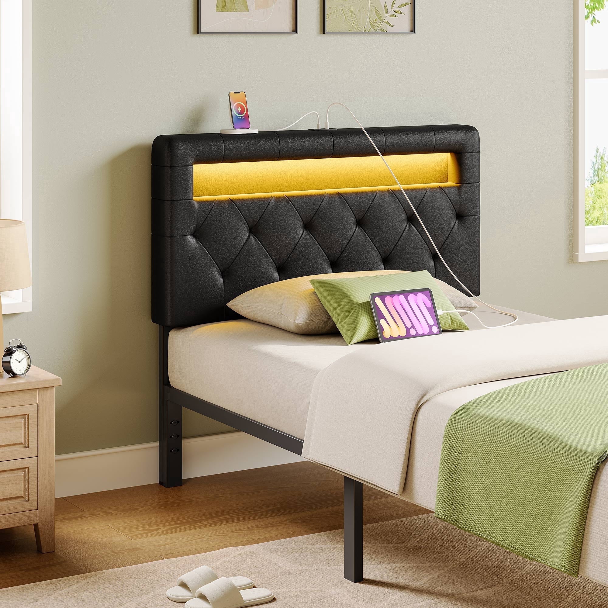 Rolanstar Twin Size Headboard Only - Wall Mount Upholstered Head Board with LED Lights, Charging Station & Soft Padding,Black