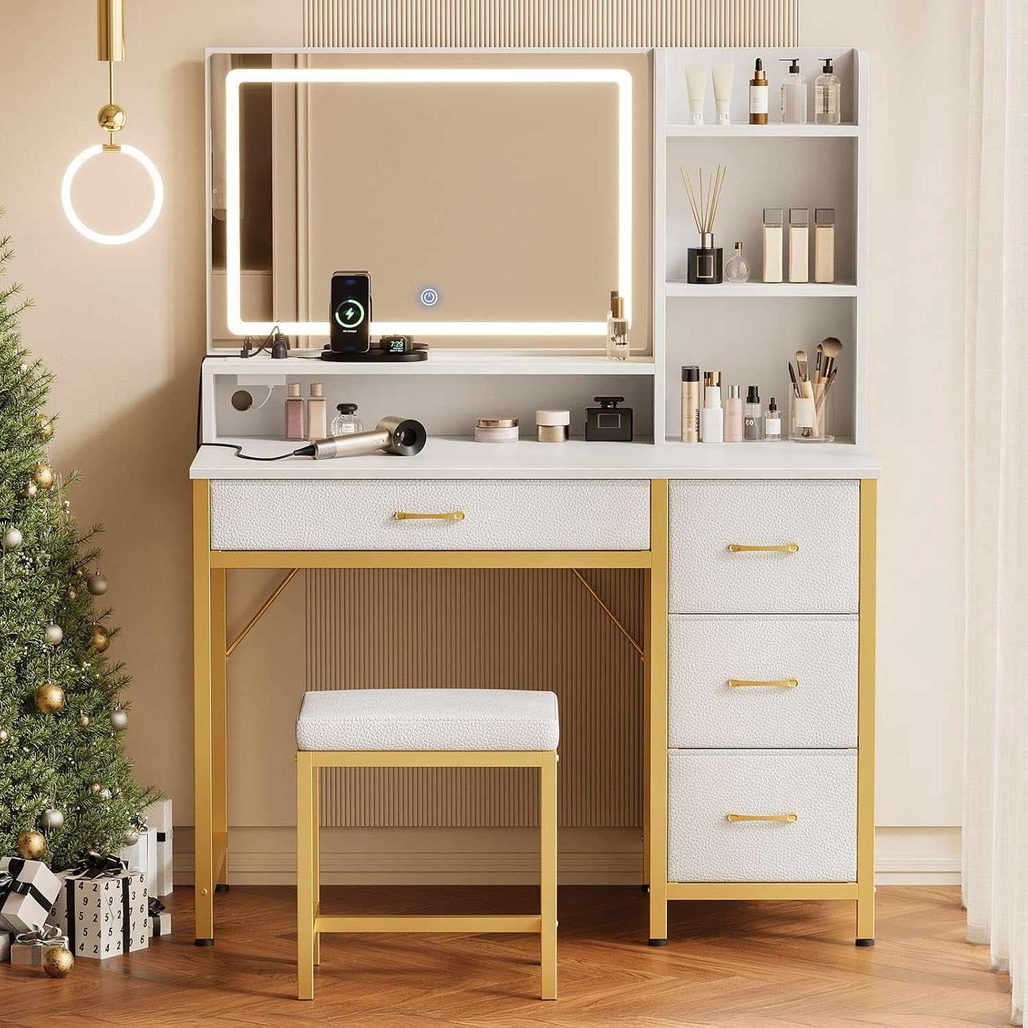 Haewon LED Makeup Vanity Desk With Mirror & Stool | 10 Lights, 3 Colors, Outlets, Drawers & Shelves