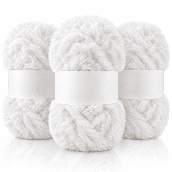 Rolarhola Faux Fur Yarn for Blankets 3 Skeins (Each 3.5oz/100g, 66yd/60m) Soft Fluffy Chunky Crochet Yarn for Scarves Crafts (White)