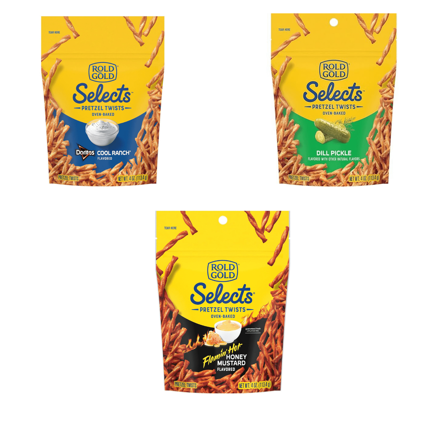 Rold Gold Selects, Cool Ranch Pretzel Twists, 4 Oz  |    Rold Gold Selects, Dill Pickle Pretzel Twists, 4 Oz  |    Rold Gold Selects, Flamin Hot Honey Mustard Pretzel Twists, 4 Oz