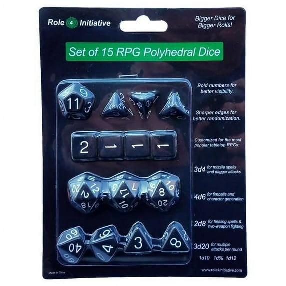 Set of 15 Large High-Visibility Polyhedral Dice: Opaque Black with White Numbers (3d4 4d6 2d8 1d10 1d% 1d12 3d20)