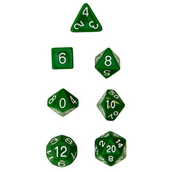 Set of 7 Large High-Visibility Polyhedral Dice: Opaque Dark Green with White Numbers