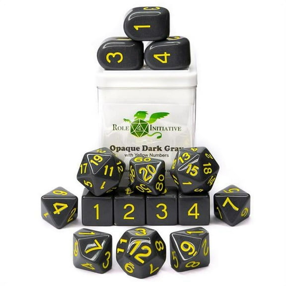Role 4 Initiative R4I50017-FC Opaque Dice, Dark Gray & Yellow - Set of 15