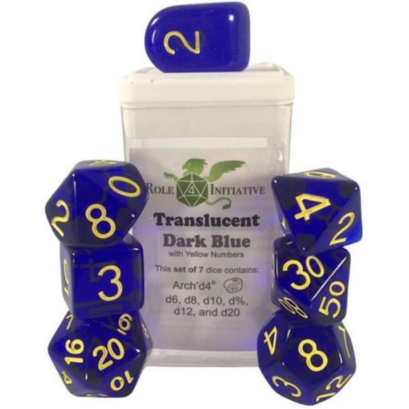 Role 4 Initiative Polyhedral Dice - Translucent Dark Blue w/Yellow and Arch'd4 (7) New