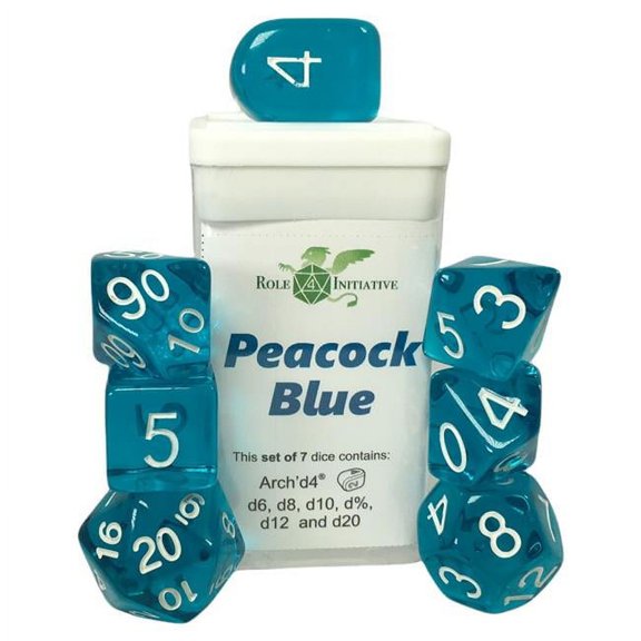 Role 4 Initiative Polyhedral Dice - Peacock Blue w/White and Arch'd4 (7) New