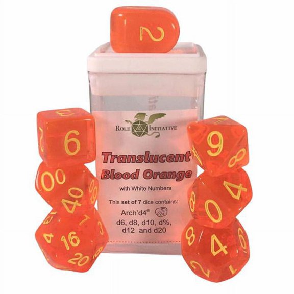 Role 4 Initiative Polyhedral Dice - Translucent Blood Orange w/Yellow and Arch'd4 (7) New