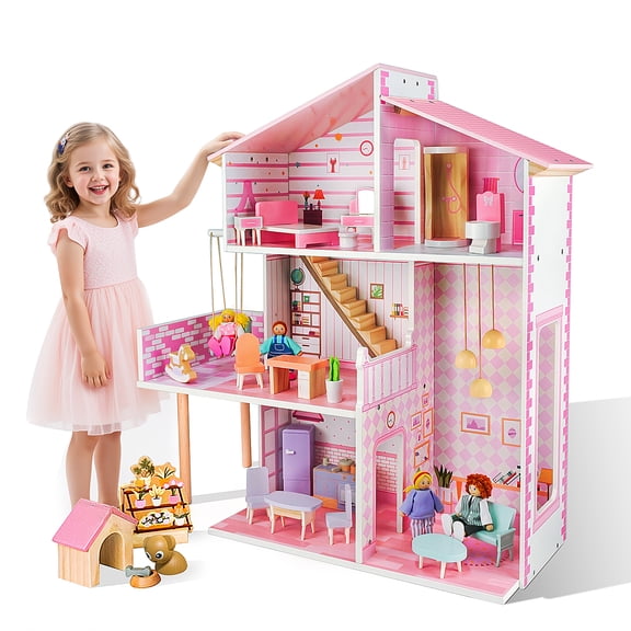 Role-Playing Simulation Villa Dollhouse Pink, Wooden 3-Story Playhouse with Furniture, Imaginative Pretend Play Toy for Kids Ages 3+, Christmas & Birthday Gift Idea for Girls