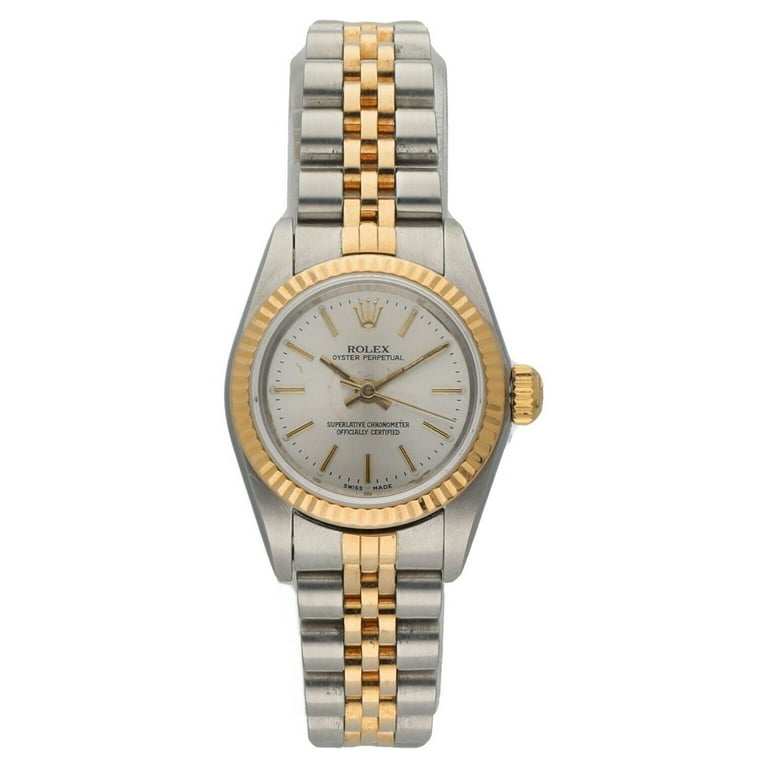 Rolex 76193 Oyster Perpetual 18k Yellow Gold Steel Silver Dial