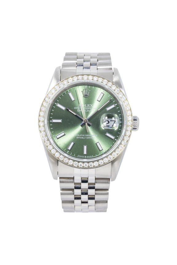 Pre-Owned Rolex Datejust 36MM 16200 Green Dial Diamond Bezel Stainless Steel Jubilee Bracelet