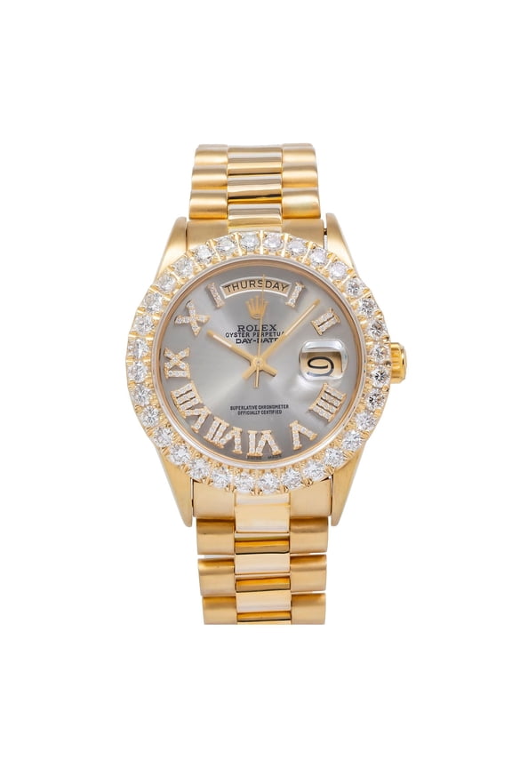 Pre-Owned Rolex Day-Date 36MM 18038 Silver Roman Diamond Dial Diamond Bezel 18K Yellow Gold President Bracelet