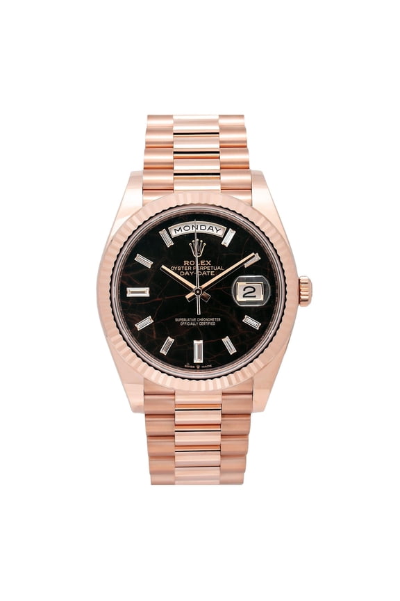 Pre-Owned Rolex Day-Date 40MM 228235 Black Baguette Diamond Dial Fluted Bezel 18K Rose Gold President Bracelet