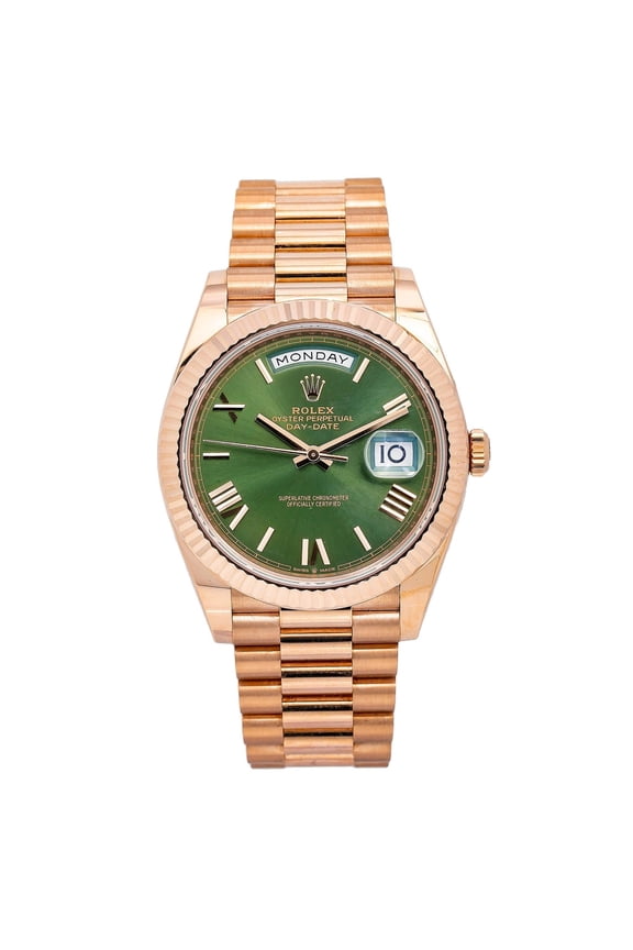 Pre-Owned Rolex Day-Date 40MM 228235 Green Roman Dial Fluted Bezel 18K Rose Gold President Bracelet