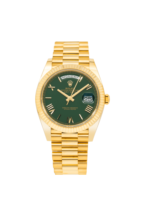 Pre-Owned Rolex Day-Date 40MM 228238 Green Roman Dial Fluted Bezel 18K Yellow Gold President Bracelet