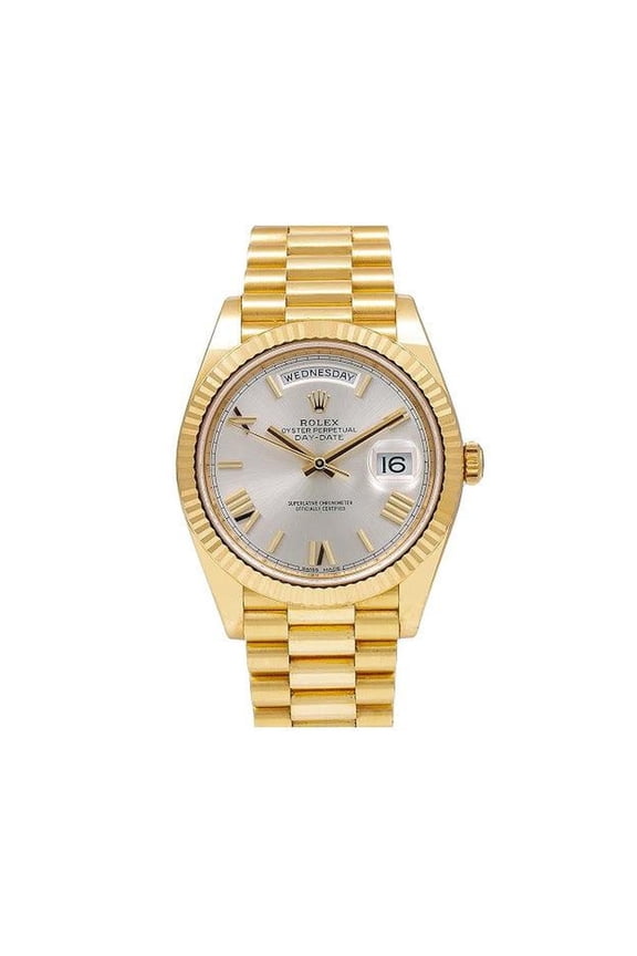 Pre-Owned Rolex Day-Date 40MM 228238 Silver Roman Dial Fluted Bezel 18K Yellow Gold President Bracelet