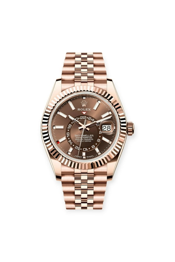 Pre-Owned Rolex Everose Gold Sky-Dweller 336935 Chocolate Index Dial On a Jubilee Bracelet