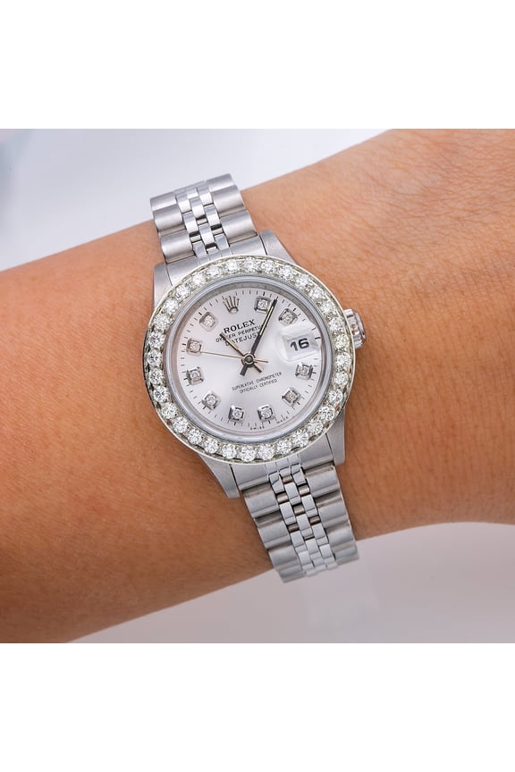 Pre-Owned Rolex Lady-Datejust 69174 26mm Silver Diamond Dial Stainless Steel Jubilee Bracelet Watch