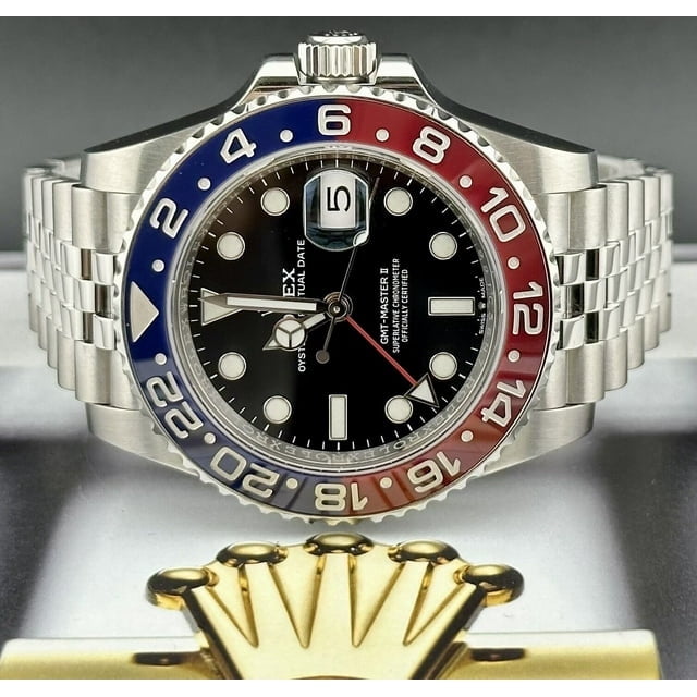 Rolex Men 40mm Real Watch GMT MasterII Pepsi Blue Red Bezel Steel Black Dial 126710BLRO Walmart