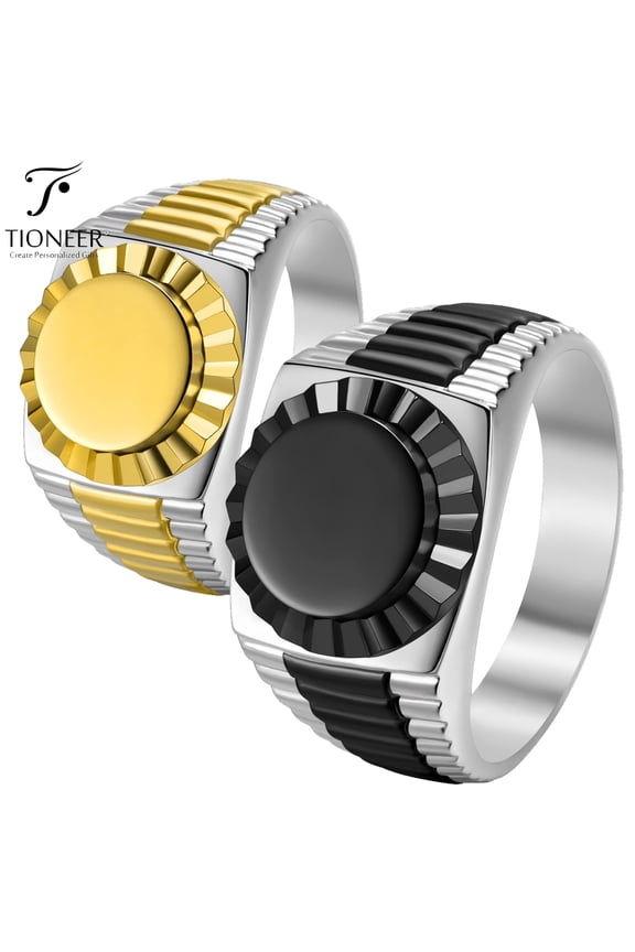 Style Ring 316L Tioneer Stainless Steel Minimalist Two-Tone Round Square Flat Top Classic Design Black/Gold