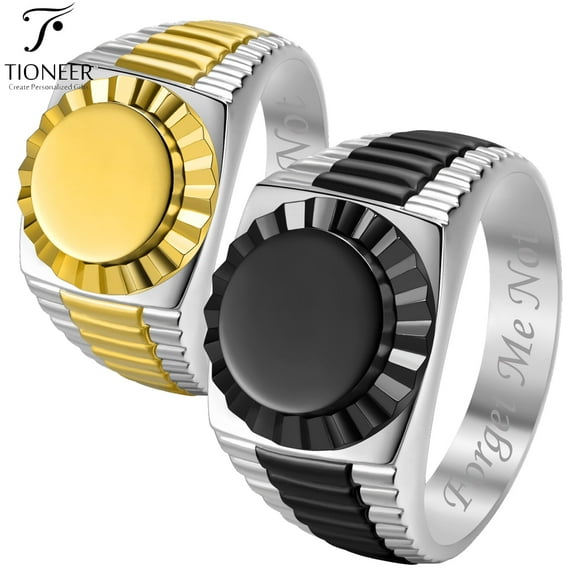 Tioneer Style Ring 316L Stainless Steel Two-Tone Round Square Flat Top Classic Black/Gold Free Forget Me Not Engraved