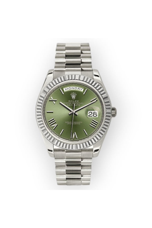Pre-Owned Rolex White Gold Day-Date 40 Watch Olive Green Roman Dial - President Bracelet